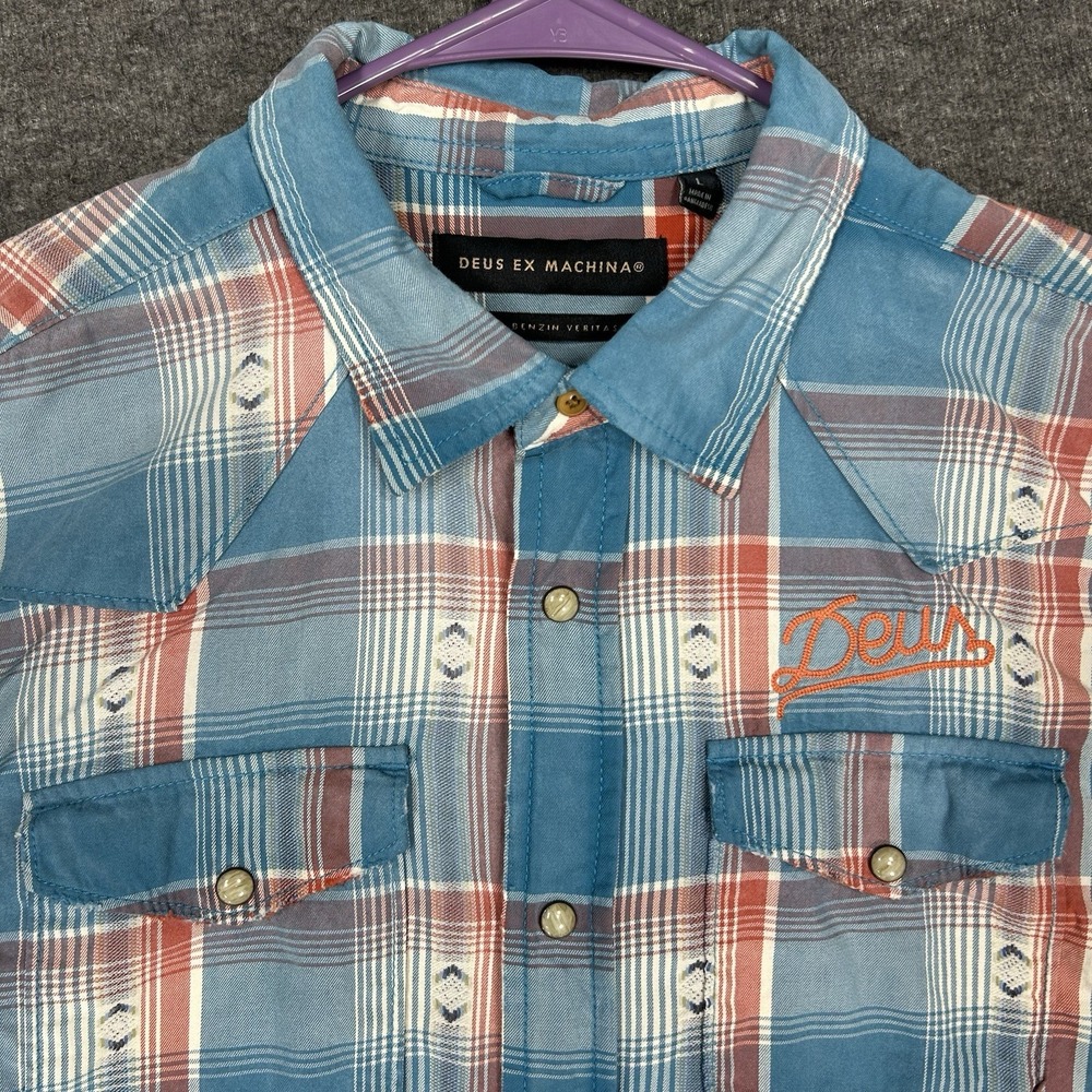 Deus Ex Machina Pearl Snap Shirt Mens L Aztec Plaid In Benzin Veritas Western